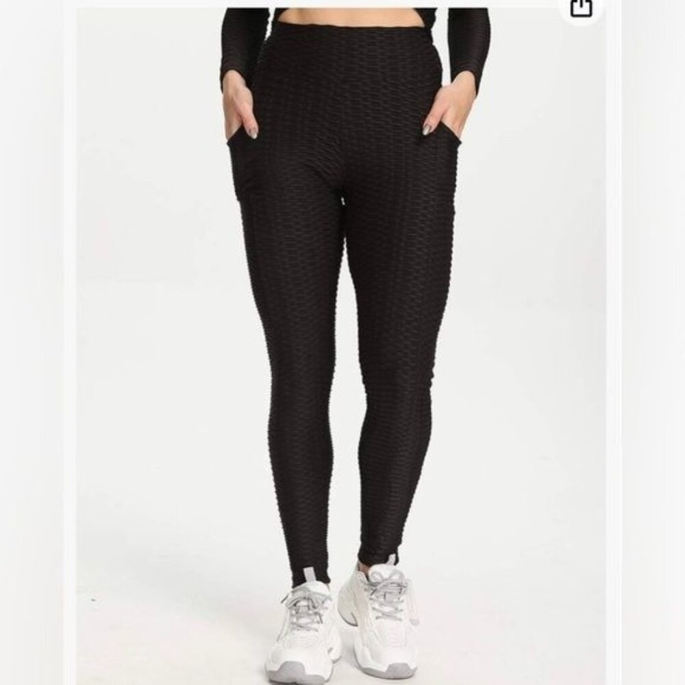 High-Waisted Black Textured Leggings With Pockets For Women Small Size 92% Nylon
